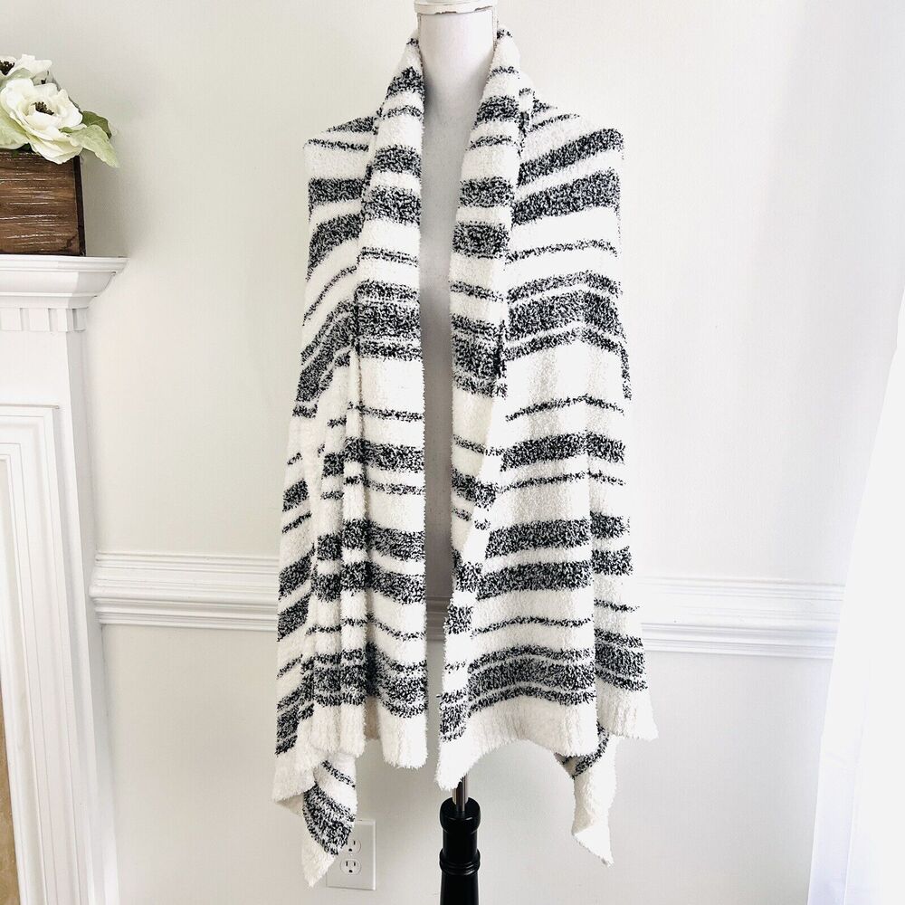 Cozy Striped Open Front Shawl Wrap - White & Black
